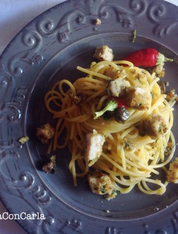 Spaghetti con bocconcini di pesce spada impanato