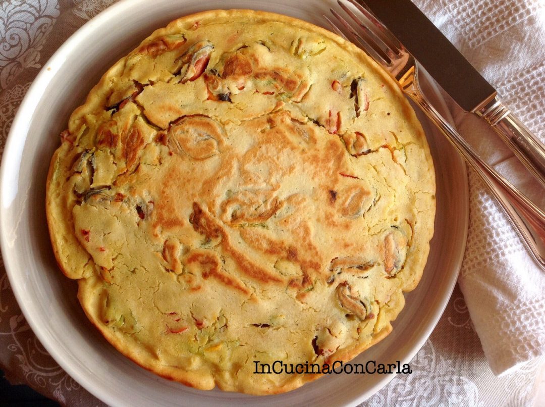 Frittata di farina di ceci con cozze e fiori di zucca