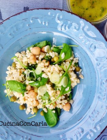 Insalata di bulgur con spinacini ceci piselli e crema di melanzane