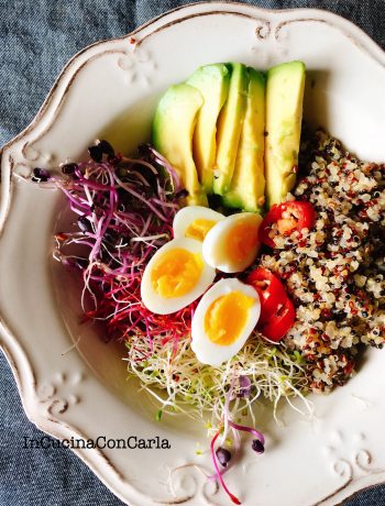 Insalata di quinoa avocado uova di quaglia e germogli